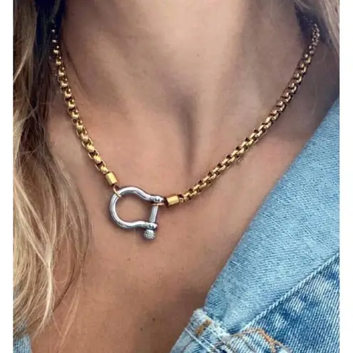 18K Gold Plated Carabiner Screw Lock Necklace Stainless Steel Womens Jewelry