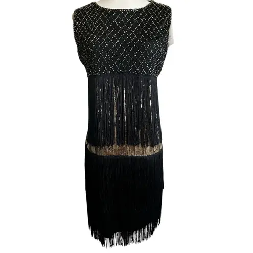 BABEYOND Flapper Dress XL Long Fringe Showgirl Dress Roaring 20s Sequins Beaded Black