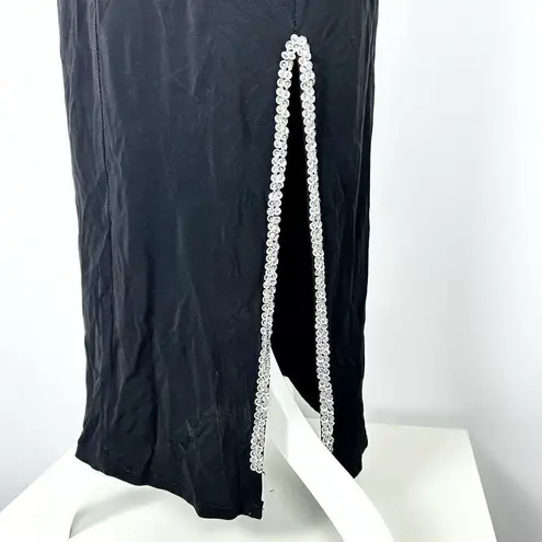 Moda VTG 90s Y2K Black Silver Sequin Slinky Prom Dress Halter Open Back Slit Small