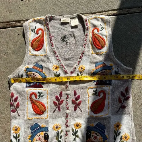 Vintage Fall Scarecrow Squash Pumpkin Knit Sweater Vest Patchwork Sampler LARGE Orange