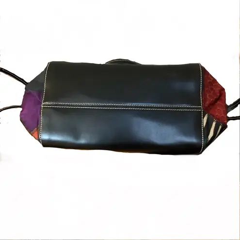 BRACCIALINI BLACK LEATHER SHOULDER BAG W/MULTI COLOR FABRIC SIDES