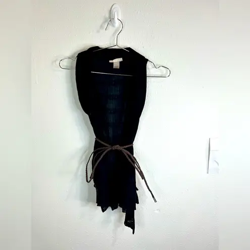 belle du jour Black Drape Vest Top S Boho Knit Sleeveless Open Belted Ruffle Hem