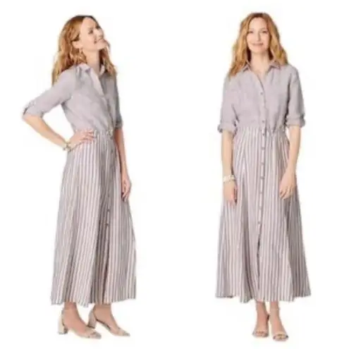 New J Jill Love Linen L Maxi Dress Shirt Button Striped Duster Jacket White Tan Size L