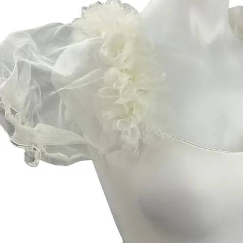 Free People  Pretty Petals White Organza Puff Sleeves Thong  Bodysuit Top Size XS