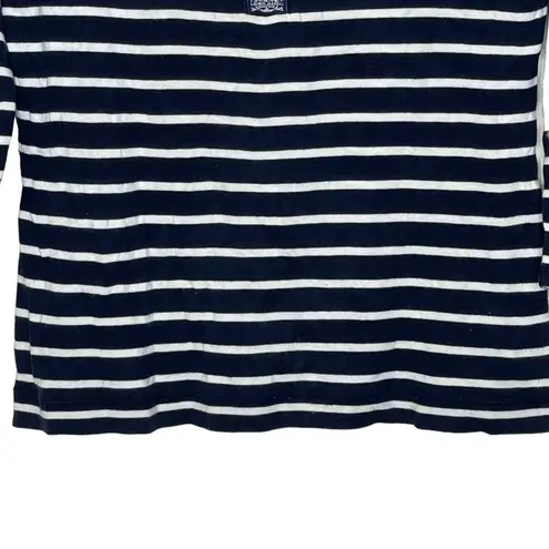 LRL Lauren Jeans Co. Striped Henley Top Women Medium 3/4 Sleeve Front Button Blue