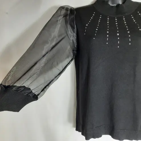 89th + Madison Women's Sweater Black Embellished Sheer Mesh Sleeves Size Small