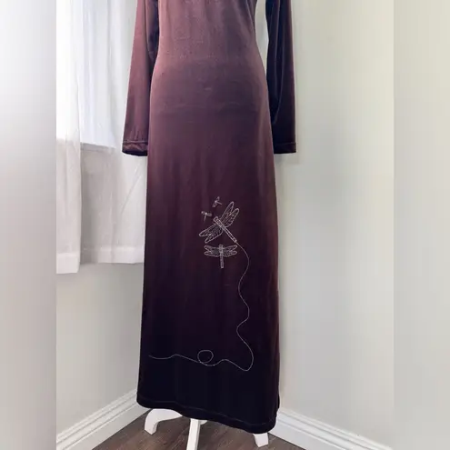 Vintage Y2K Bodywear of California Dark Brown Dragonfly Embroidered Maxi Dress Size XS