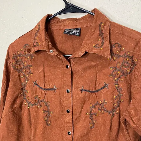 Cattlelac Ranch Womens Long Sleeve Western Button Down Shirt Embellished Large Brown