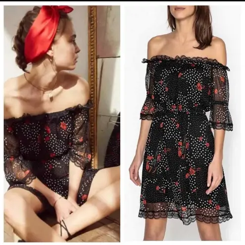 The Kooples Popi Pop Floral Chiffon Lace Trim Off Shoulder Dress- Size 1 (Small)