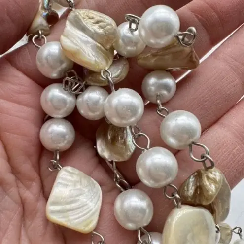 Vintage Long Pearl Necklace and Shell Pearl 53”Double Classic White