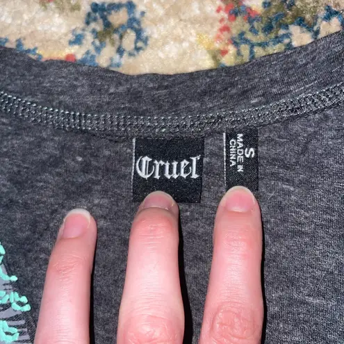 Cruel Girl Gray Patterned V-Neck Tee with Lace Hem