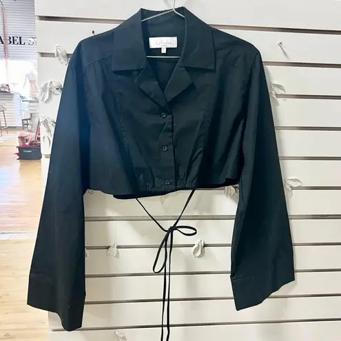 L'Academie NWOT Kinsley Flare Sleeve Collared Button Crop Top Black Women's XS