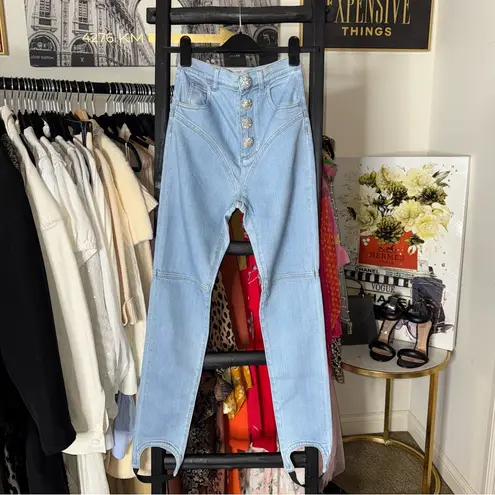 Alessandra Rich Crystal Button High Waist Stirrup Jeans Blue Size 25