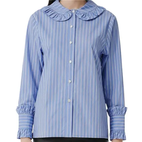 Maje NWT Calia Blue Stripe Long Sleeve Button Front Ruffle Blouse Top Large (3)