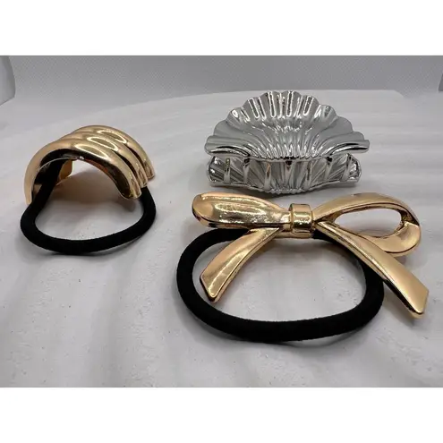 Gold Bow & Wave Hair Ties+Silver Shell Hair Clip Bundle Women's Accessories NWT