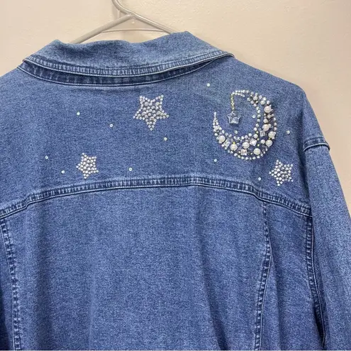 Quacker Factory  Denim Rhinestone Beaded Moon Stars Celestial Jean Jacket Size 3X