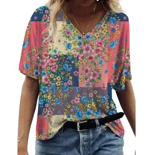 Miss Look Women Oversized Abstract Floral Patchwork Tee Large