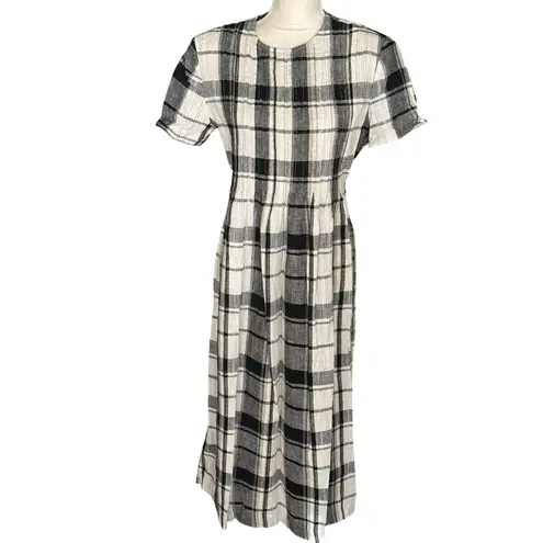 Petite Sophisticate Vintage Black & White Plaid Dress Short Sleeve Midi Cotton Blend Back Tie Sz 14
