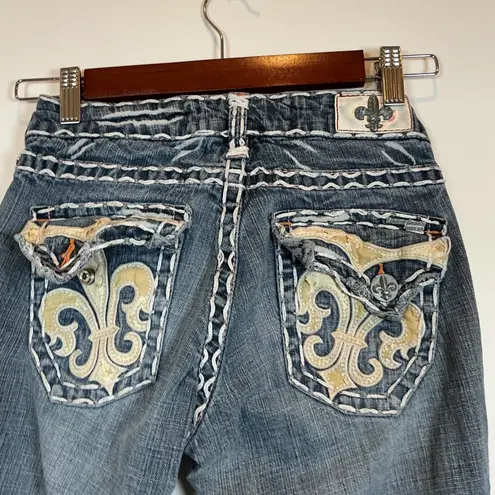 Laguna Beach Jean Co Womens Bootcut Jeans Embellished Fleur de Lis Pockets Sz 25 Blue