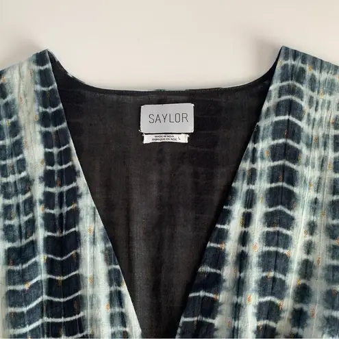 Saylor Syden Navy Tie Dye Gold Metallic V-neck Tiered Boho Mini Dress Large