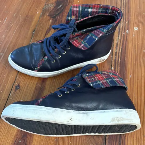 Sarah Flint CHARLOTTE BLUE Leather Tartan Plaid Check High Top Sneakers US 6.5