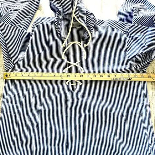 Free Assembly Oversized Striped Lace Up Cotton Hooded Blouse Top Sz S Blue