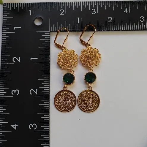 Gold Filled Coin with Emerald Green Crystal Drop Earrings