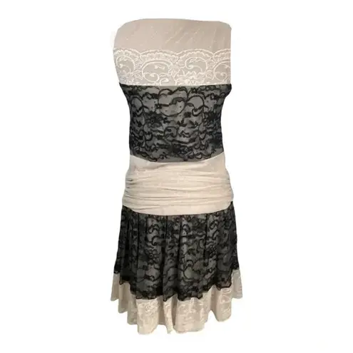 Maggy London Lace Layer Ruffle Dress Sleeveless Black Ivory Women Size 4