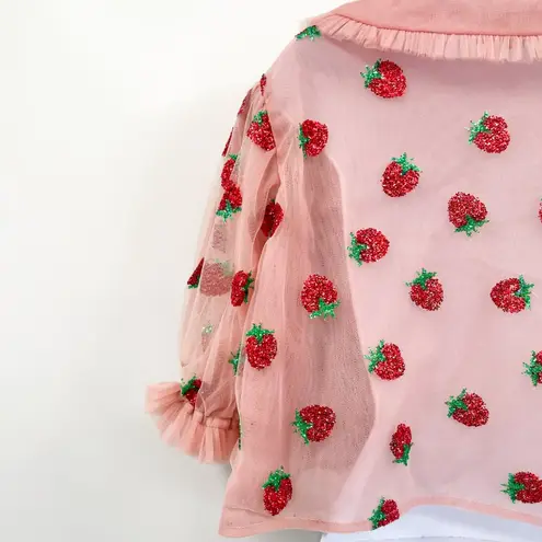 Lirika Matoshi Strawberry Print Tulle Tie Front Collared Cropped Blouse Top Pink Size XXL