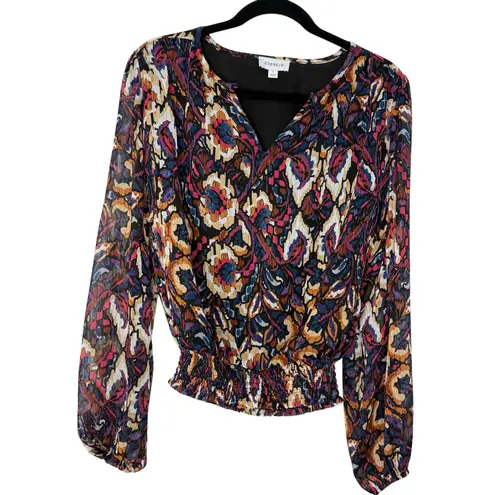 Evereve Stelle Abstract Blouse Small Long Sleeve Smocked Hem Boho Fall Print