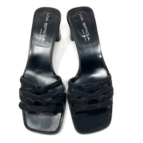 via spiga black leather and suede slides, made in Italy, size 6.5