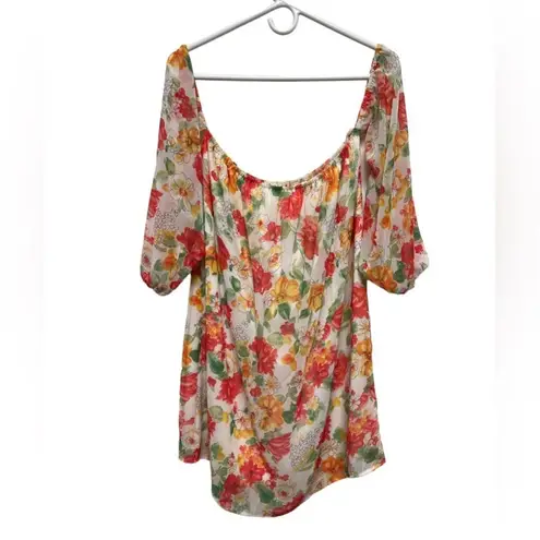 CEU) HUG Women Size medium floral dress off shoulder sleeves Elastic Top blouse White