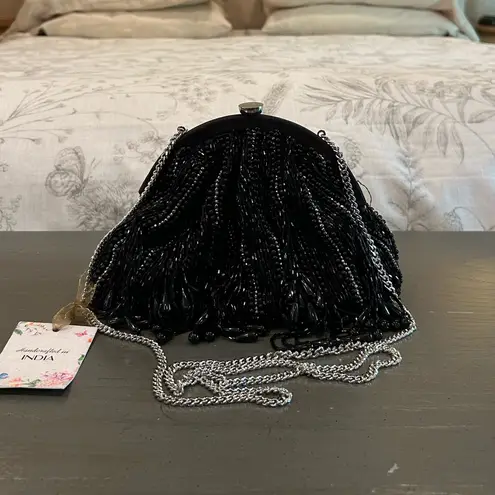 NWT Elegant Black Beaded Fringe Evening Clutch Crossbody Bag