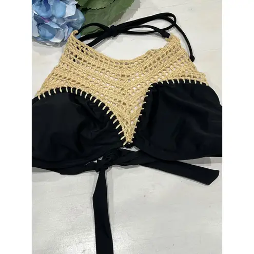 Athleta Lot of 2 bikini tops black  and Bikini Lab Tie Top black Beige Crochet