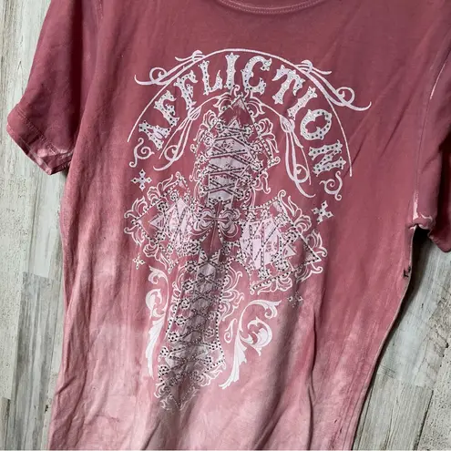 Affliction Y2K Pink White Rhinestone Grunge Painted Thrashed Womens Medium