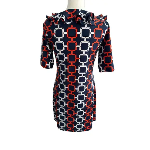 Tracy Negoshian Orange Navy Blue Ruffle V Neck Dress Size XS