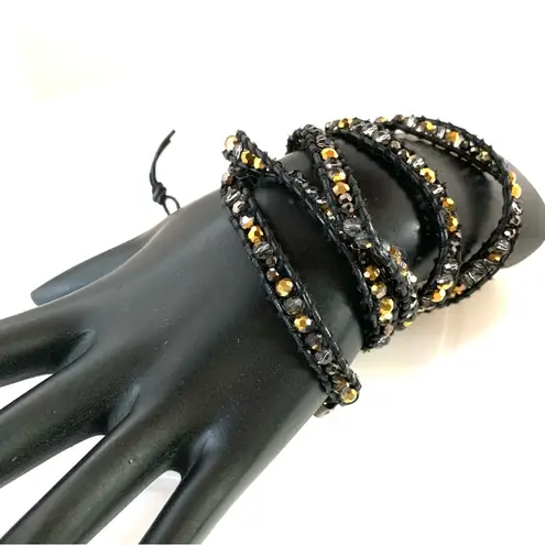 Victoria Emerson GOLD & BLACK BEADS WITH BLACK LEATHER WRAP BRACELET