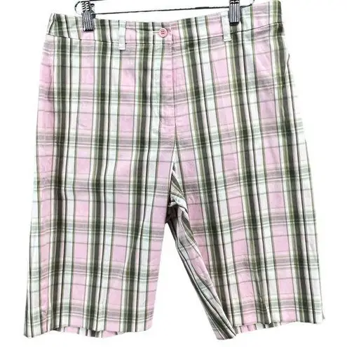 Anne Klein  Sport Bermuda Shorts Womens 8 Pink Green Plaid Golf High Rise Stretch