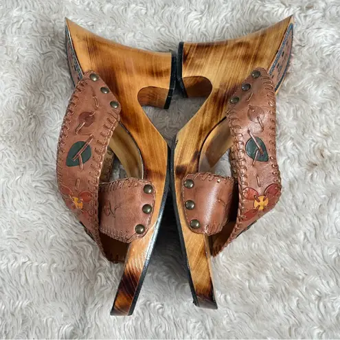 Carlos Santana Vintage Wood Platform Brown Leather Wedge Sandals Heels