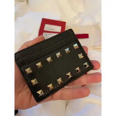 Valentino Garavani Rockstud Leather Card Holder Black Gold Studded