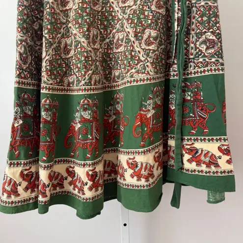 Vintage Wrap Skirt Bohemian Elephant Print Cotton Midi Skirt sz One Size Green