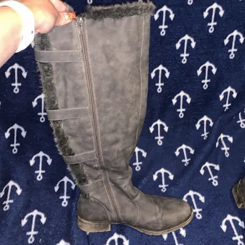 Just Fab Lenka Wide grey faux fur faux leather buckle knee high boots