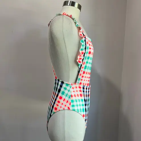 Aerie  Gingham Colorful Plaid Ruffle Apron Style One Piece Bathing Suit Sz L