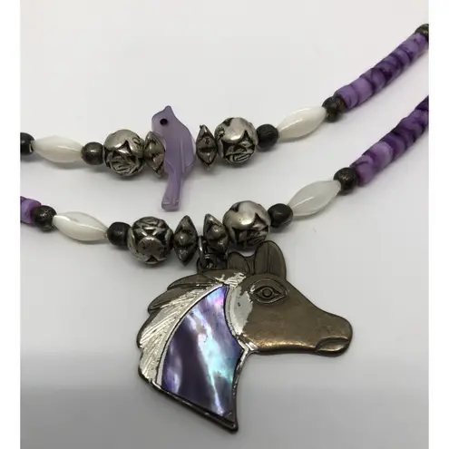 Rare Vtg Silver Horse Necklace Purple Pony Pendant Silver Roses Beaded Bird 16"
