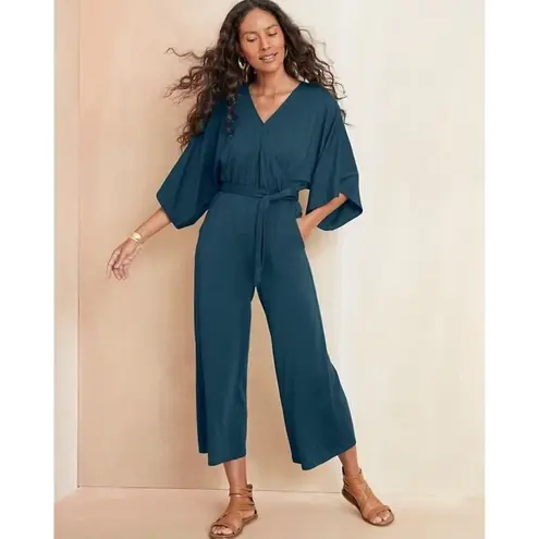 Garnet Hill NWT Kimono Sleeve Jumpsuit Stretch Wide Leg Cropped Teal size XS