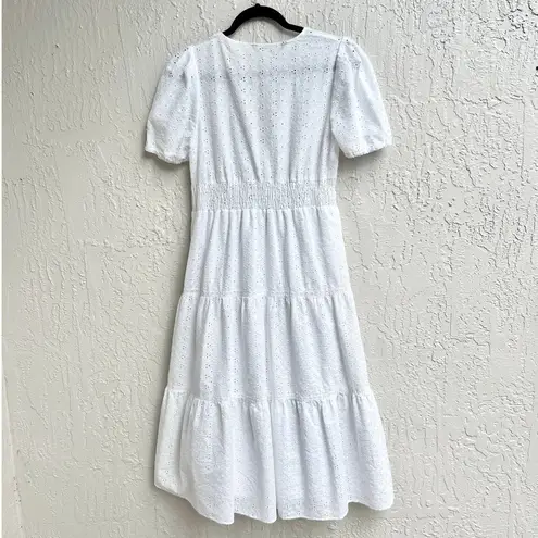 ZARA  Short Sleeve Eyelet Button Front Tiered Midi Dress White Womens Size Medium