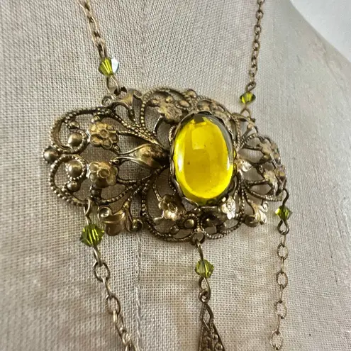 Vintage Czech Brass Filigree Necklace with Yellow Glass Cabochon & Chain Drop