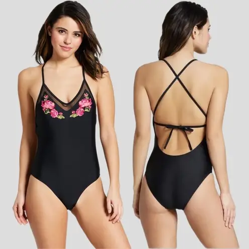 Xhilaration 🌸(3/$20) floral embroidered black mesh inset one piece swimsuit