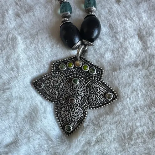 Boho Artisan Beaded Necklace Tribal Filigree Pendant Statement Earthy Y2K Witchy