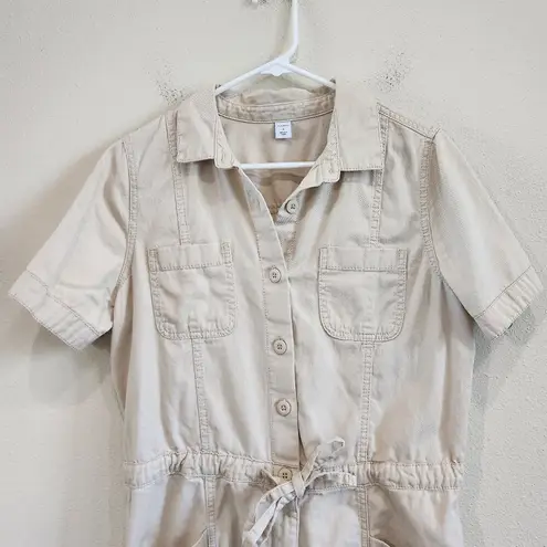 Old Navy  Cotton Short Sleeves Button Front Waist-Defined Utility Romper in Ecru